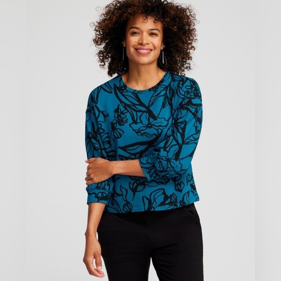 Chicos Peacock Blue Black Floral French Terry Blouson Puff 3/4 Sleeve Sweatshirt - Picture 1 of 10